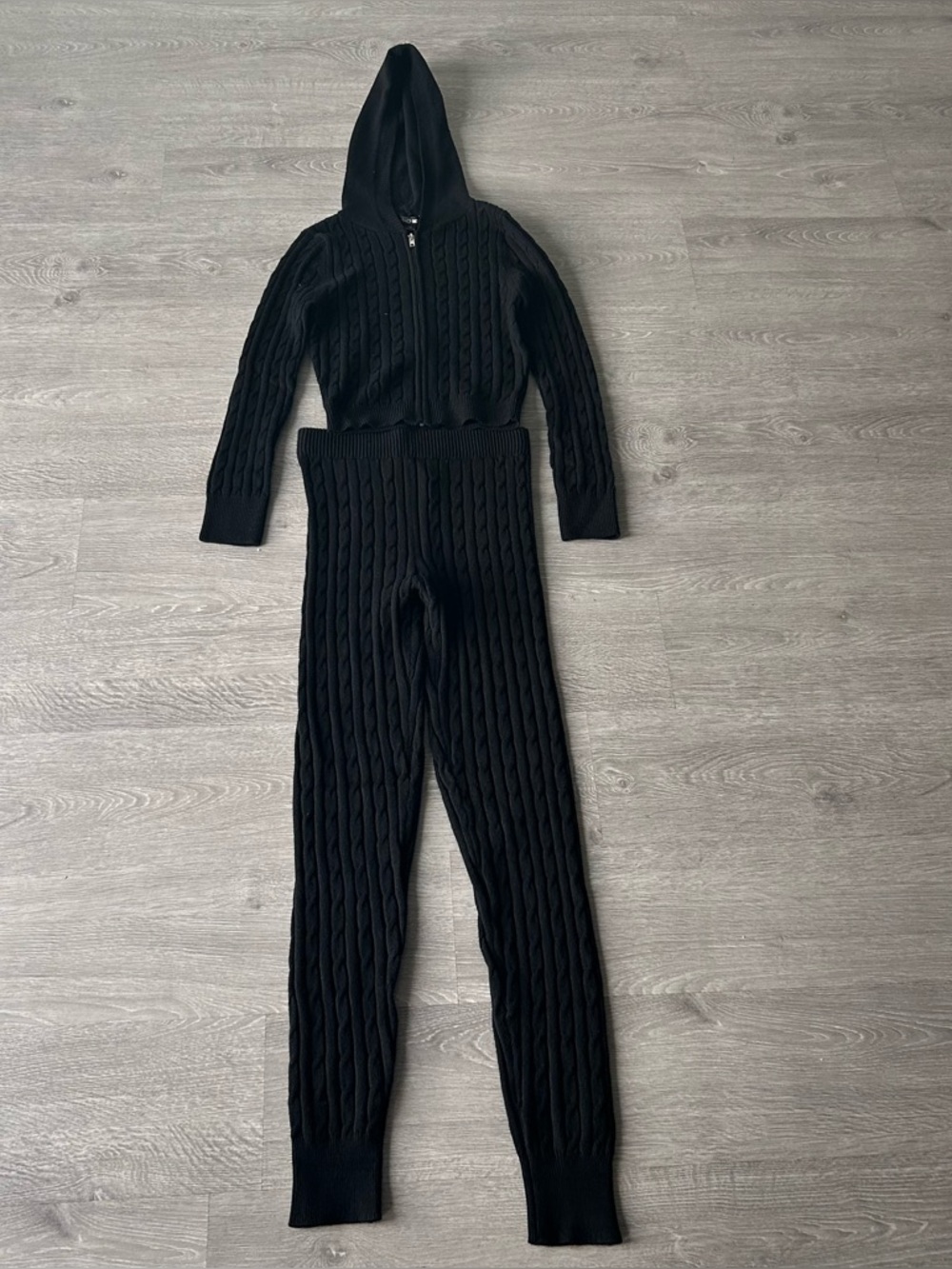 Black Cable-Knit Hooded Matching Set